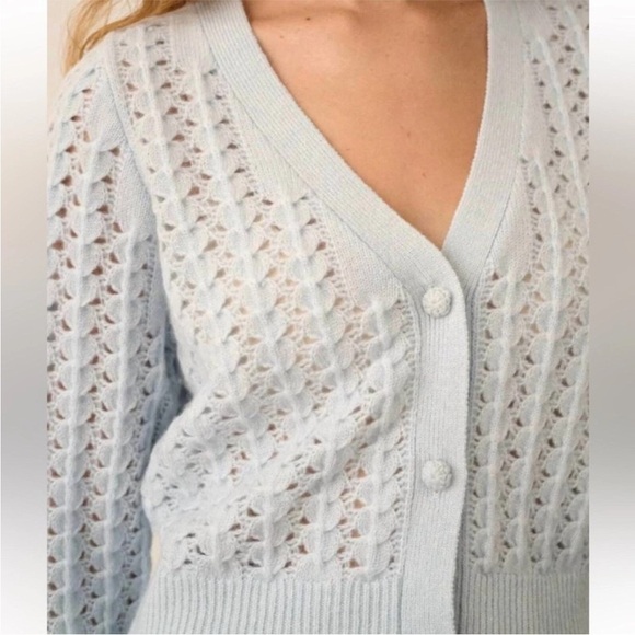 WHITE + WARREN Cashmere Open Stitch Cardigan in Sky Blue Size Medium - Picture 3 of 13